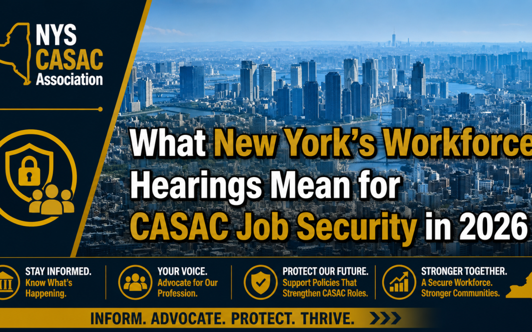 NYS CASAC Association blog header in navy and gold showing a wide New York City skyline, with the title “What New York’s Workforce Hearings Mean for CASAC Job Security in 2026” and NYS CASAC branding elements.