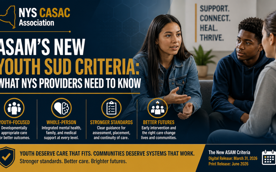 NYS CASAC Association blog header in navy and gold showing a counselor meeting with two young adults in a supportive discussion, representing updated ASAM youth standards for assessment and placement.