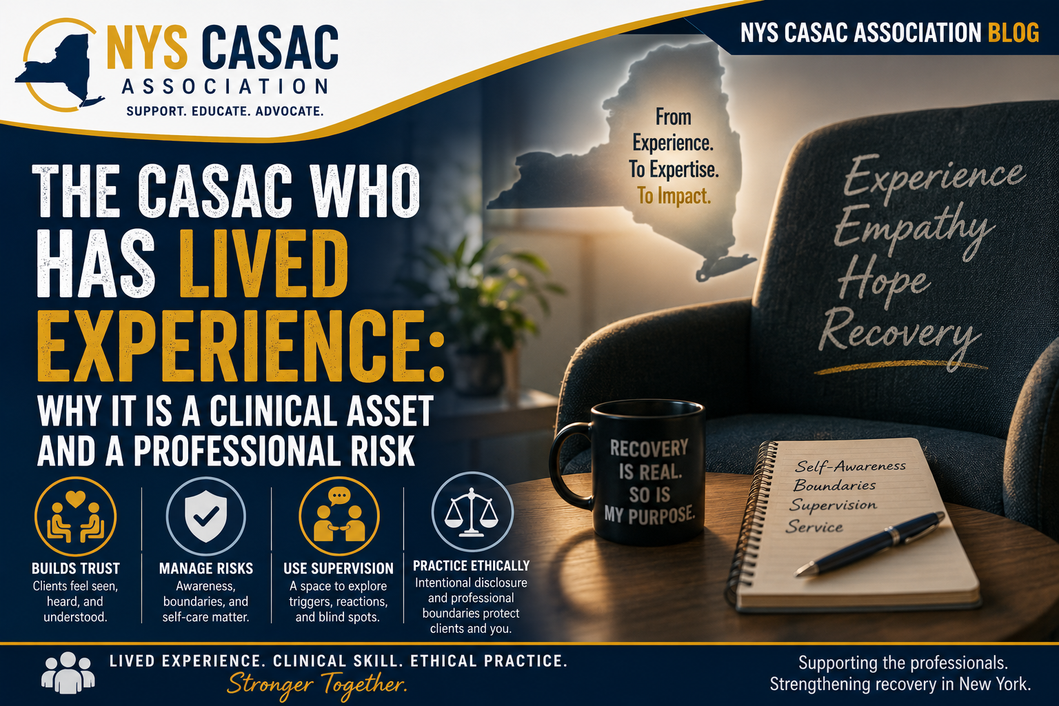 NYS CASAC Association blog header featuring the article “The CASAC Who Has Lived Experience: Why It Is a Clinical Asset and a Professional Responsibility,” highlighting ethical practice, supervision, boundaries, and the value of lived experience for CASACs and substance use counselors in New York State.