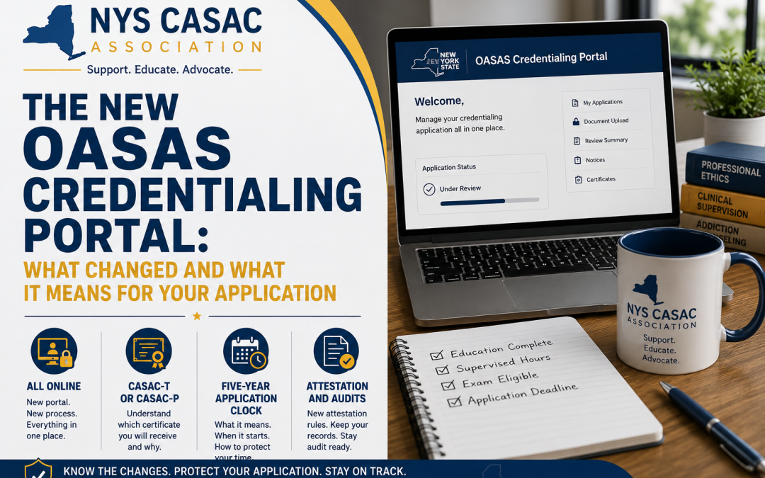 NYS CASAC Association blog banner titled “The New OASAS Credentialing Portal: What Changed and What It Means for Your Application.” The banner features a laptop displaying the OASAS credentialing portal beside a checklist and application materials, highlighting online applications, CASAC-T and CASAC-P certificates, the five-year application deadline, and credentialing updates for New York substance use counselors.